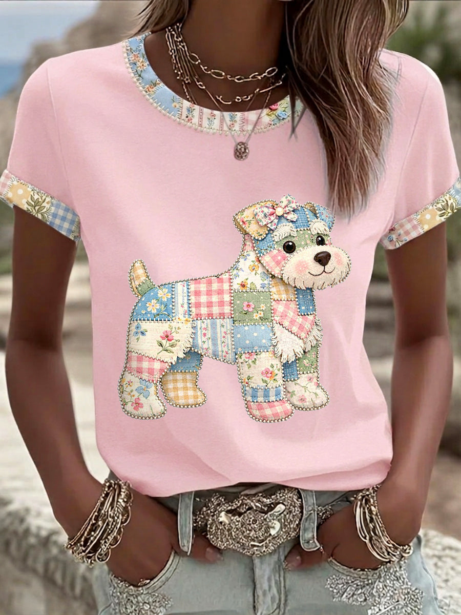 Women's Cute Floral Dog Print Casual Tee
