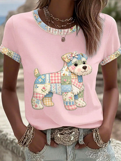 Women's Cute Floral Dog Print Casual Tee