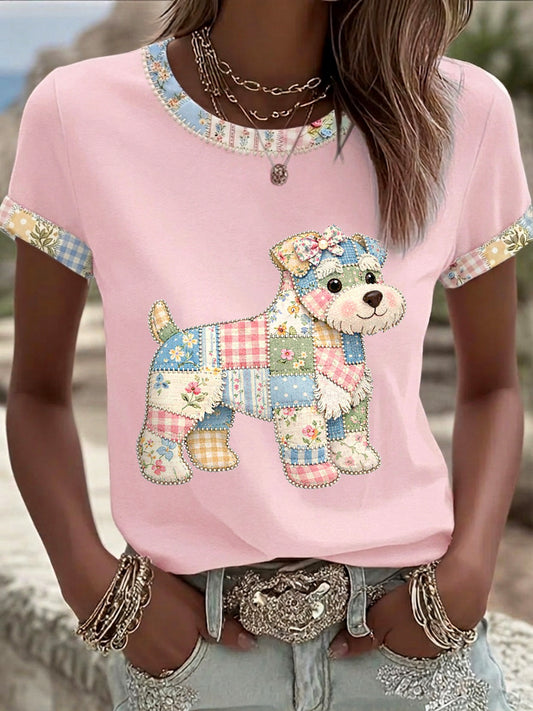 Women's Cute Floral Dog Print Casual Tee