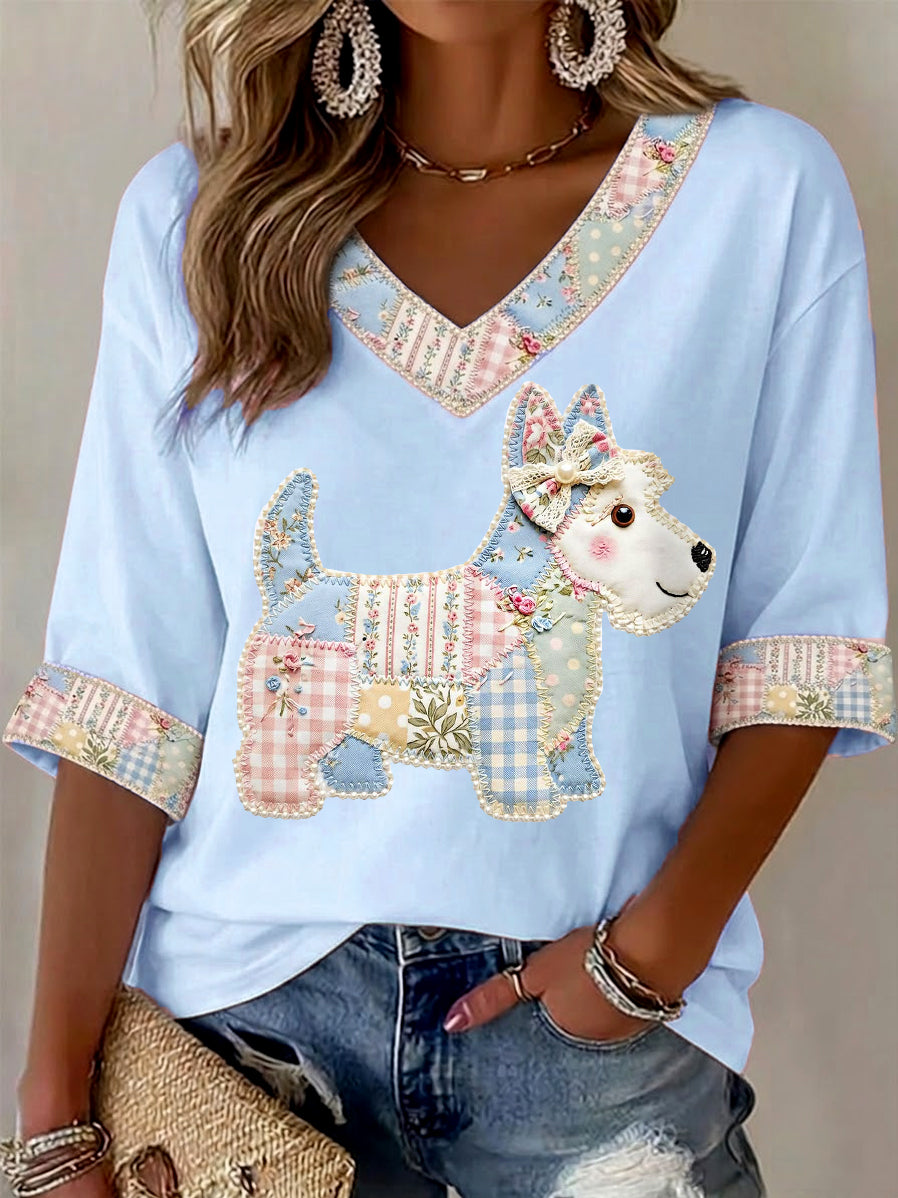 Women's Cute Floral Dog Print Casual V-Neck Top
