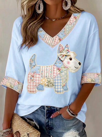 Women's Cute Floral Dog Print Casual V-Neck Top