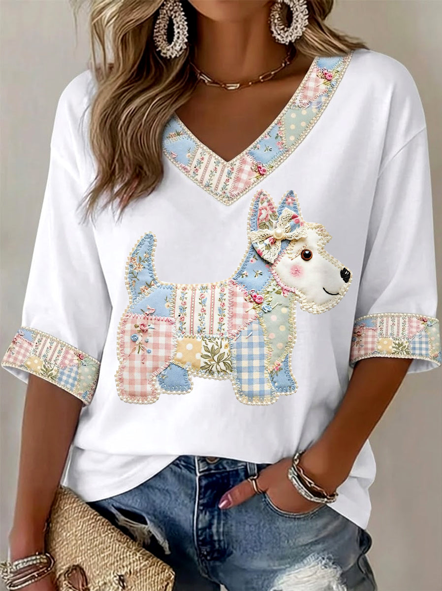 Women's Cute Floral Dog Print Casual V-Neck Top
