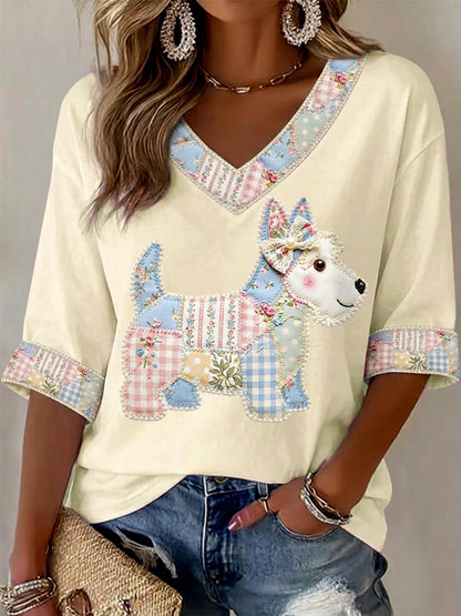 Women's Cute Floral Dog Print Casual V-Neck Top