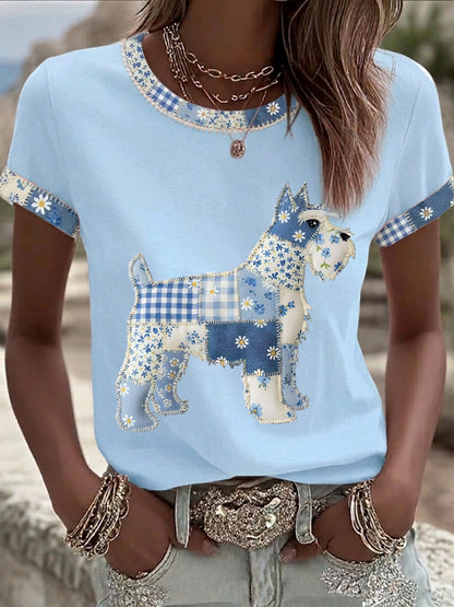 Women's Cute Floral Dog Print Casual Tee