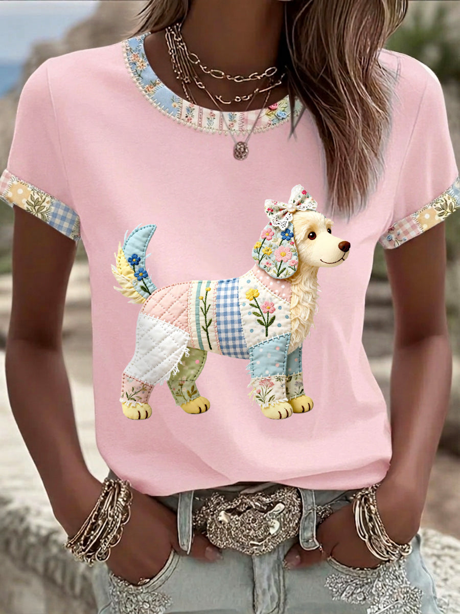 Women's Cute Floral Dog Print Casual Tee