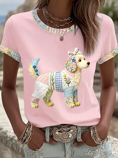 Women's Cute Floral Dog Print Casual Tee