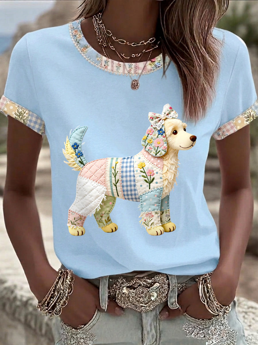 Women's Cute Floral Dog Print Casual Tee