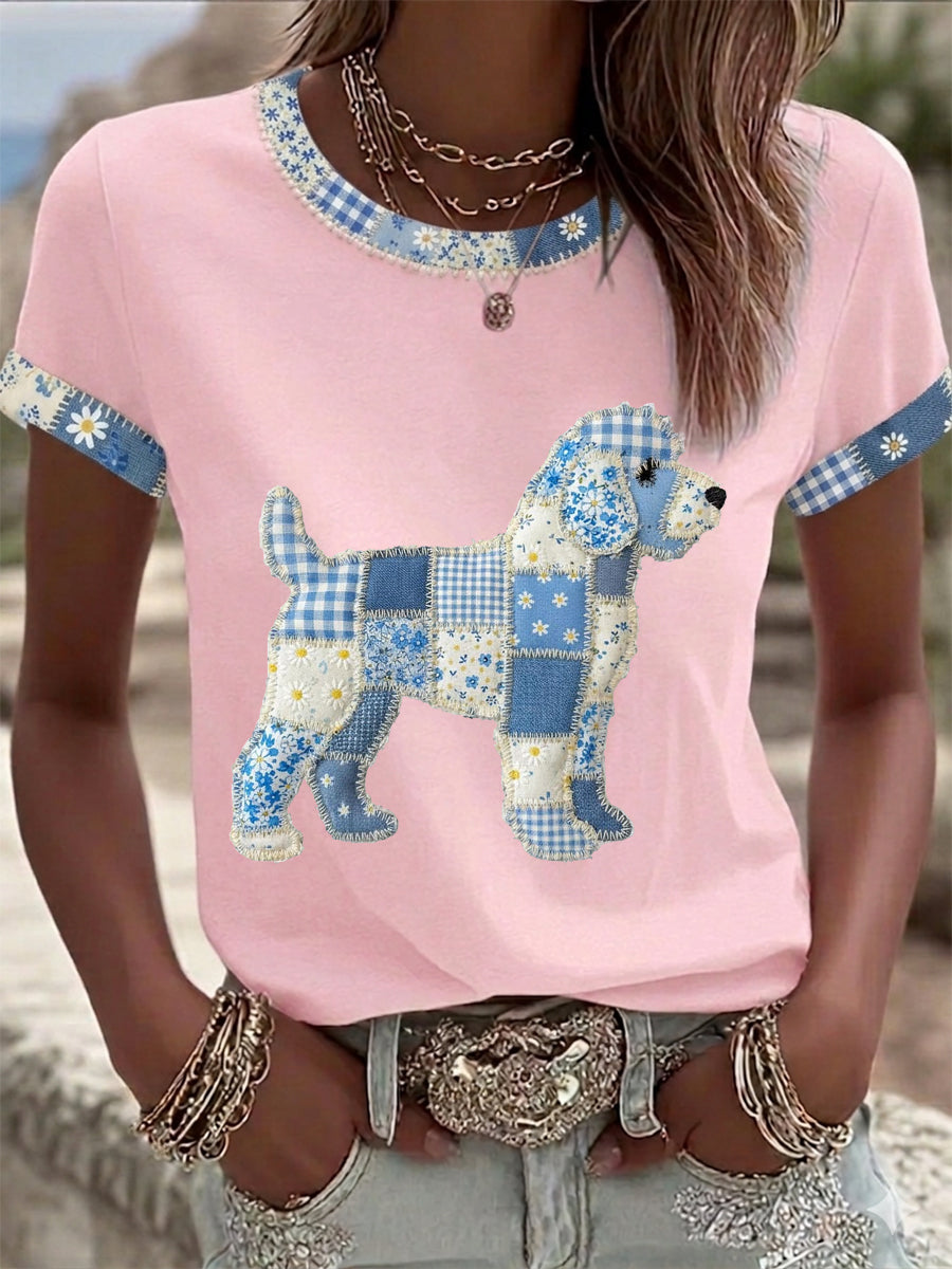 Women's Cute Floral Dog Print Casual Tee