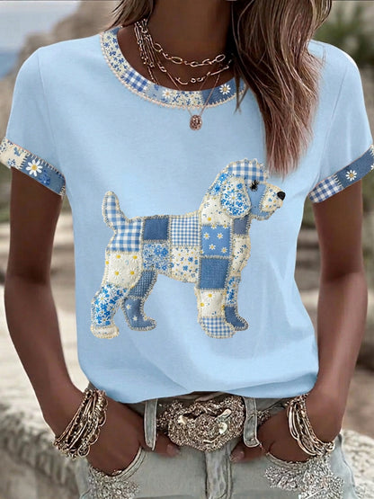 Women's Cute Floral Dog Print Casual Tee