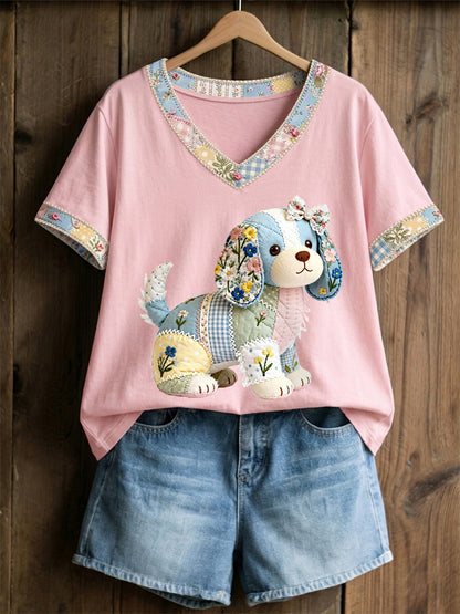 Women's Cute Floral Dog Print Casual V-Neck Tee