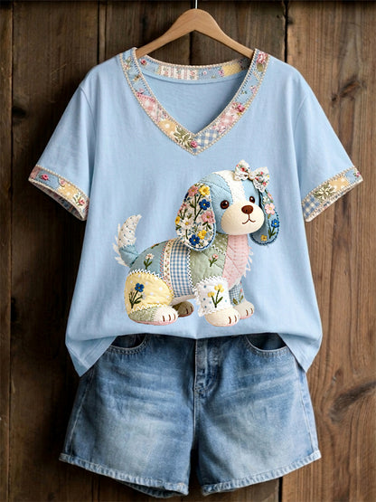 Women's Cute Floral Dog Print Casual V-Neck Tee