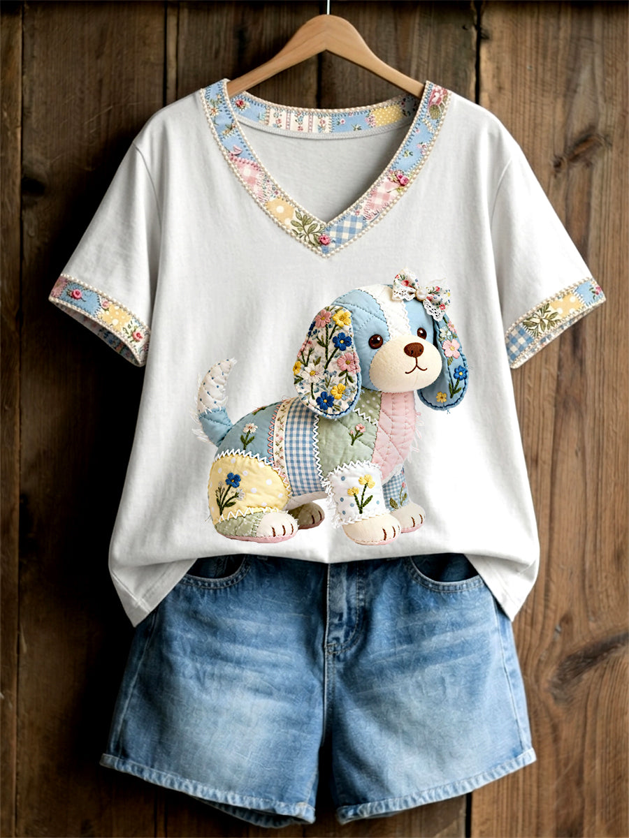 Women's Cute Floral Dog Print Casual V-Neck Tee