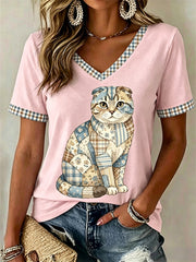 Women's Floral Cat Print Casual V-Neck Tee