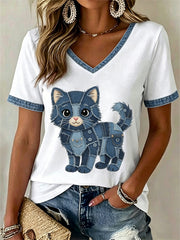 Women's Floral Cat Print Casual V-Neck Tee