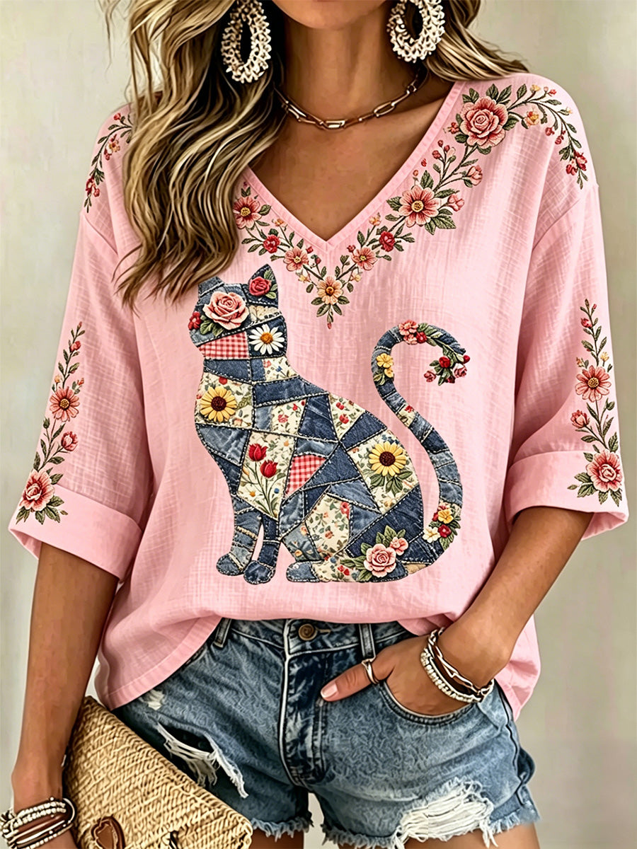 Women's Floral Cat Print Casual V-Neck Top