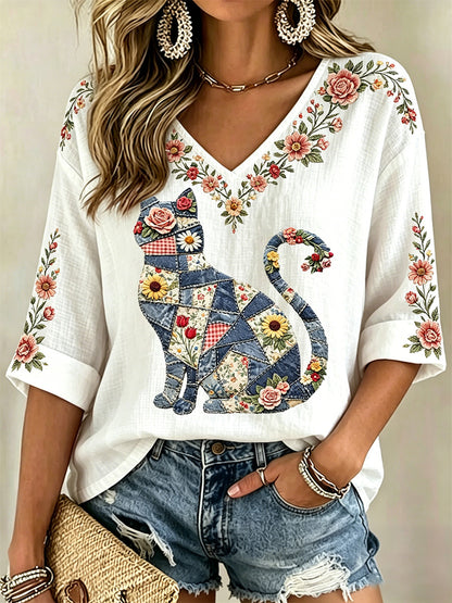 Women's Floral Cat Print Casual V-Neck Top