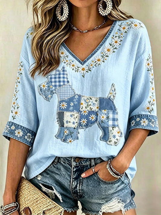 Women's Floral Dog Print Casual V-Neck Top