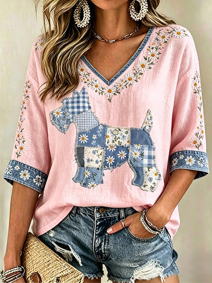 Women's Floral Dog Print Casual V-Neck Top