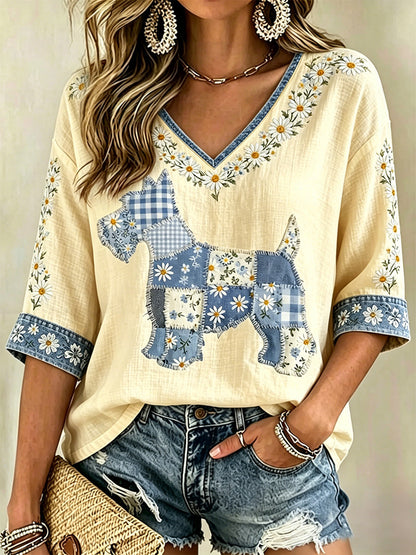 Women's Floral Dog Print Casual V-Neck Top