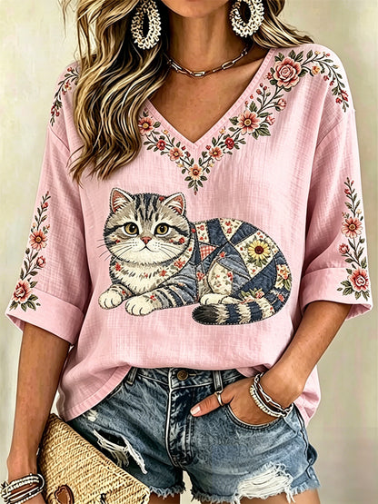 Women's Floral Cat Print Casual V-Neck Top