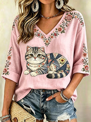 Women's Floral Cat Print Casual V-Neck Top