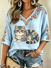 Women's Floral Cat Print Casual V-Neck Top