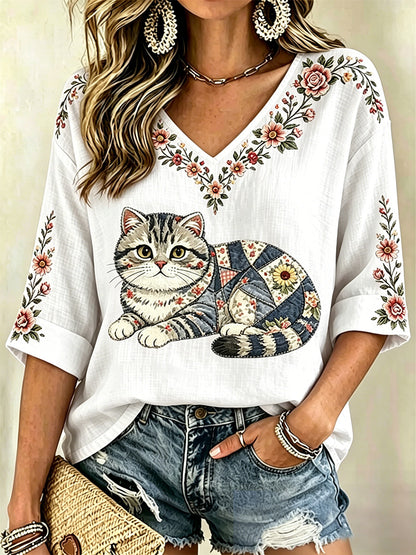 Women's Floral Cat Print Casual V-Neck Top