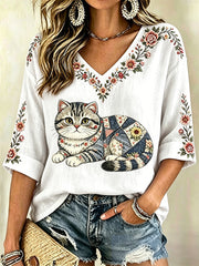 Women's Floral Cat Print Casual V-Neck Top
