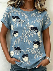 Women's Black Cat With Floral Art Pattern Linen Short-sleeve Top