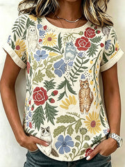 Women's Cute Cat With Wildflowers Pattern Linen Short Sleeves Top