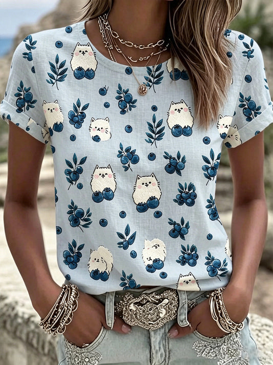 Women's Cute Cat Blueberry Floral Print Cotton Linen  Short Sleeves Top