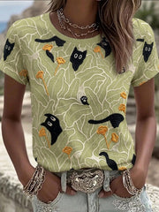 Women's Black Cat Hiding In Plants Pattern Linen Short Sleeves Top
