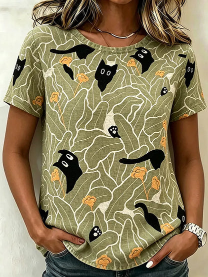 Women's Black Cat Hiding In Plants Pattern Linen Short Sleeves Top