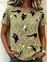 Women's Black Cat Hiding In Plants Pattern Linen Short Sleeves Top