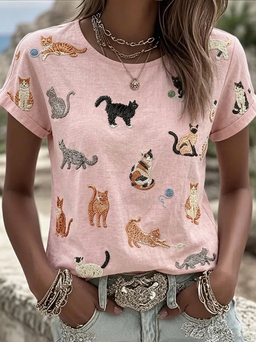 Women's Vintage Cute Cats Art Linen Short Sleeves Top