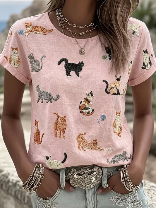 Women's Vintage Cute Cats Art Linen Short Sleeves Top