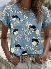 Women's Black Cat With Floral Art Pattern Linen Short-sleeve Top