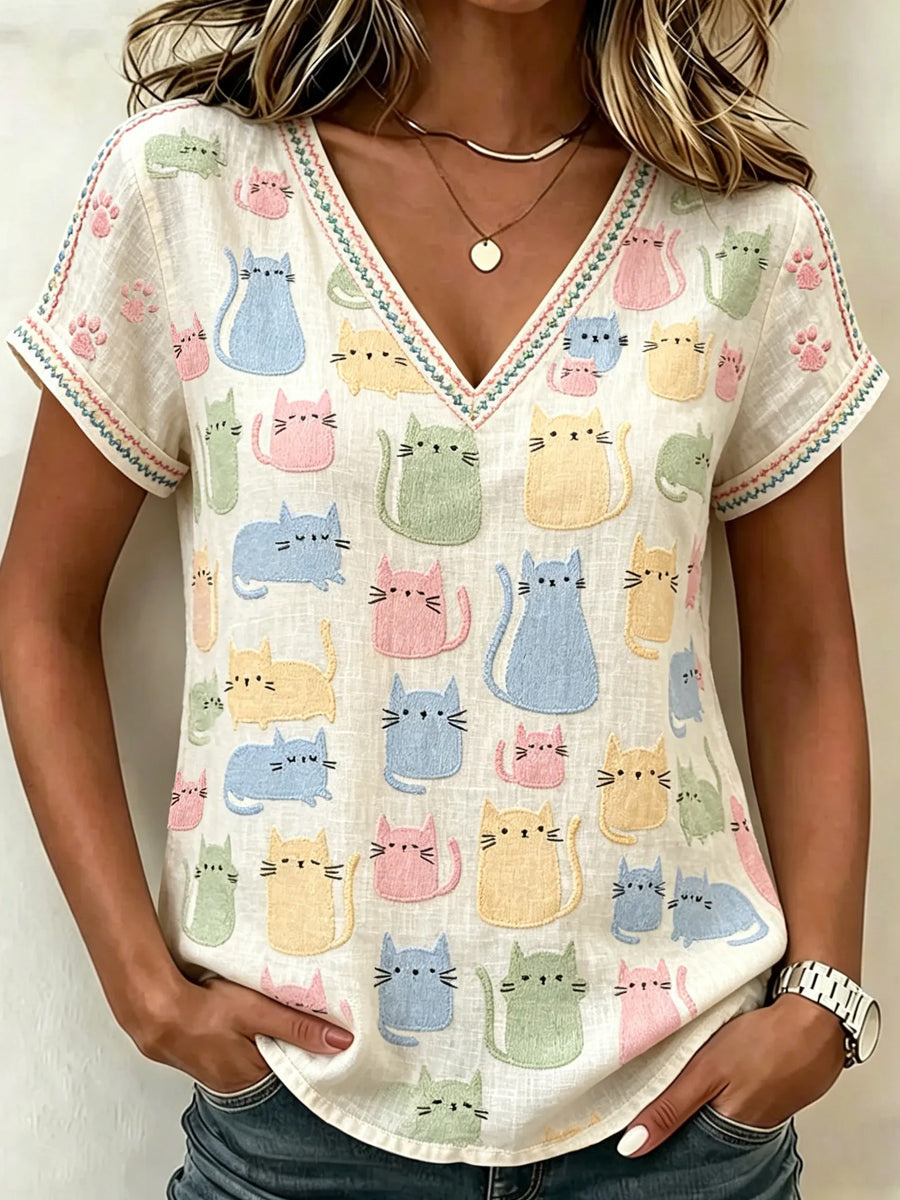 Women's Cute Cat Abstract Art Pattern Linen Short-sleeve Top