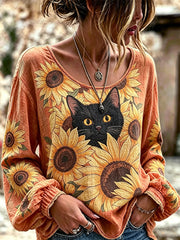 Women's Cute Cat And Sunflower Floral Print Cotton Linen Round Neck Top