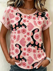 Women's Cute Black Cat With Floral Art  Linen Short Sleeves Top