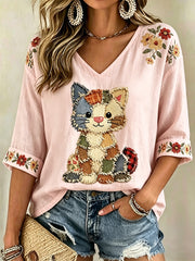 Women's Floral Cats Print Casual V-Neck Tee