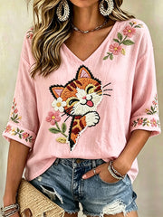 Women's Floral Cats Print Casual V-Neck Tee