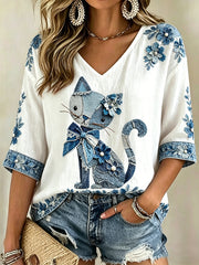 Women's Floral Cats Print Casual V-Neck Tee