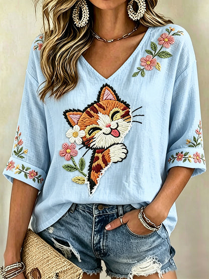 Women's Floral Cats Print Casual V-Neck Tee