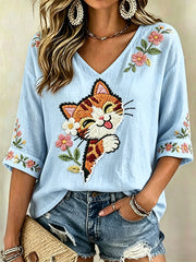 Women's Floral Cats Print Casual V-Neck Tee