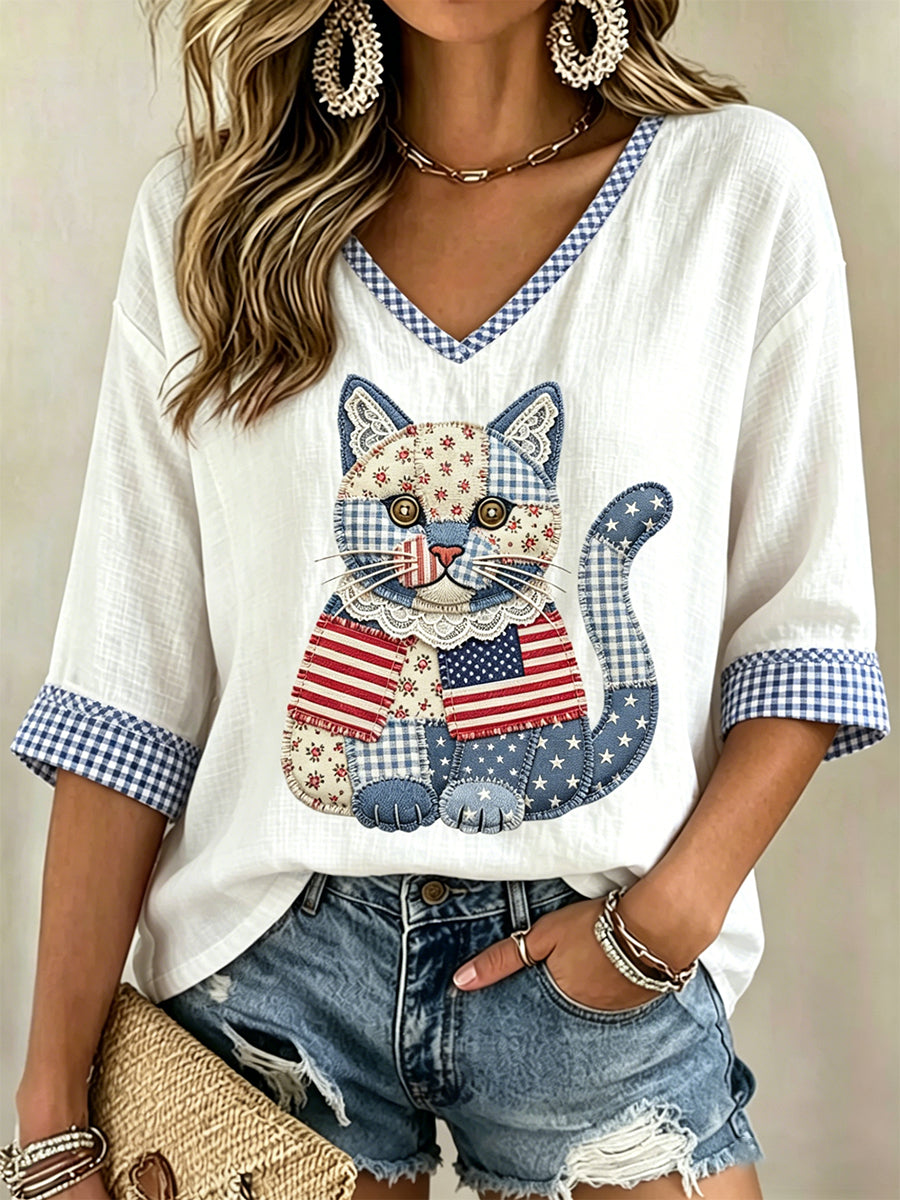 Women's Floral Cats Print Casual V-Neck Tee