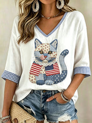 Women's Floral Cats Print Casual V-Neck Tee