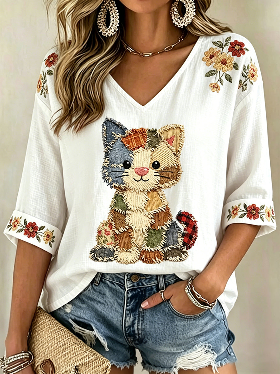 Women's Floral Cats Print Casual V-Neck Tee