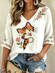 Women's Floral Cats Print Casual V-Neck Tee