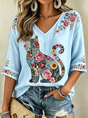 Women's Floral Cats Print Casual V-Neck Tee